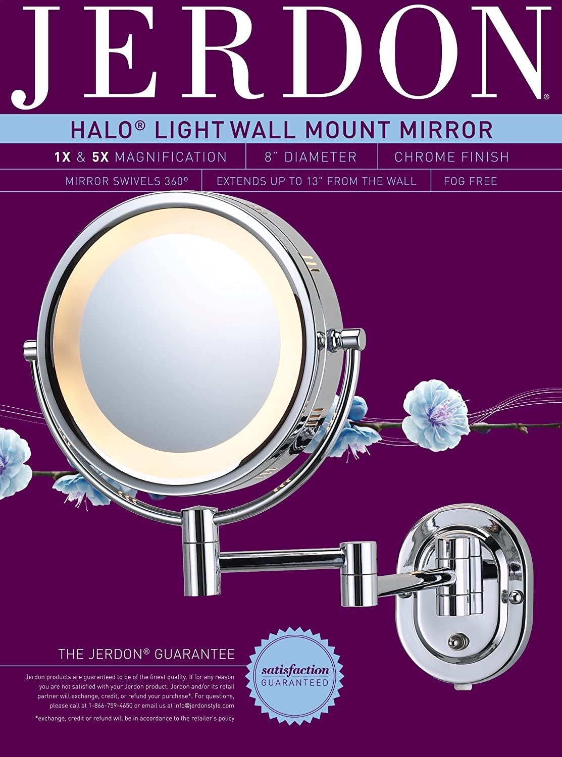 8-Inch Lighted Wall Mount Makeup Mirror with 5x Magnification, Chrome Finish