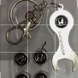 4 stainless Steel Tire Valve Cap & Wrench Keychain Honda