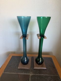 Vintage Italian Art Glass Vases Teal and Green Pair