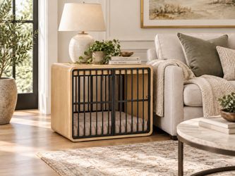 Crate dog Furniture End Table for Medium Dogs, Natural Oak Rounded corners and metal bars create a cozy retreat for Beagles and Cocker Spaniels while 