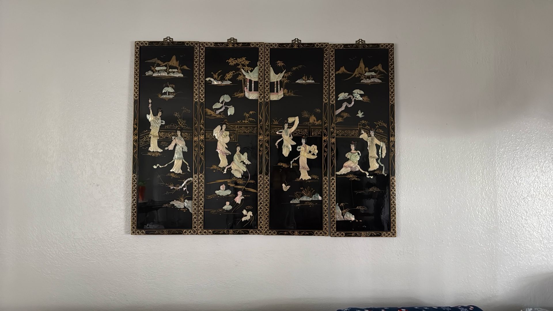 Beautiful Mid Century Chinese Black Lacquer Wall Panels Set of 4 Geisha in Landscapes