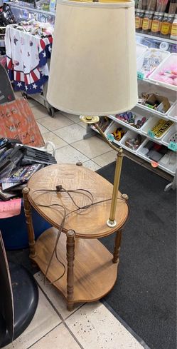 Vintage Wood End Table with Built-in Lamp