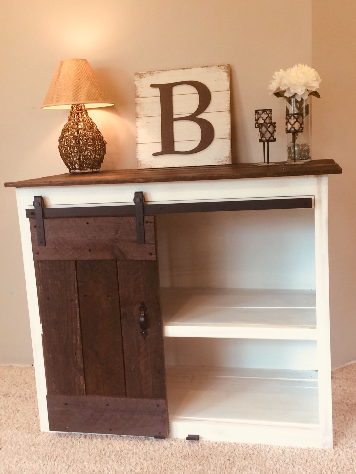 Rustic barn wood w/sliding barn wood door entertainment center/vanity/dresser/extra storage