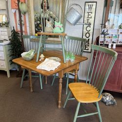 Vintage Drop Leaf Kitchen Table & 4 Green Chairs