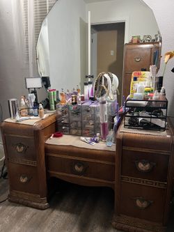Vintage Antique Waterfall Art Deco 1930s Makeup Dressing Vanity, Armoire & Bed Frame
