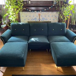 Mid-Century Modern Teal Couch w/ 2 Ottomans – Modular Chaise Sofa