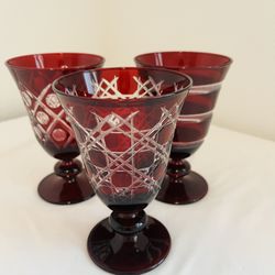 3 Williams Sonoma Regency Garnet Red Cut Crystal Stemware Glasses Goblets 