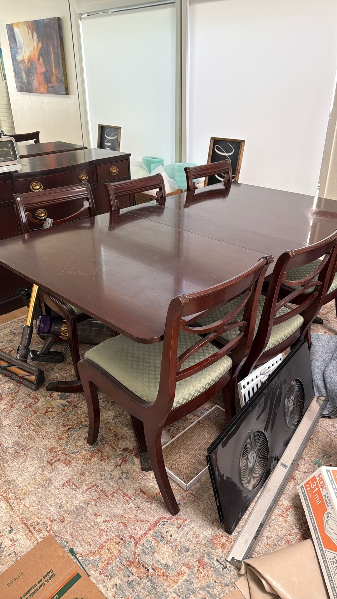 Vintage Hard Wood Dining Room Table 8 Chairs And Extension Leaves