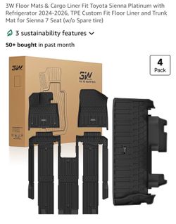 New 3W Floor Mats & Cargo Liner For Toyota Sienna Platinum with Refrigerator 2024-2026