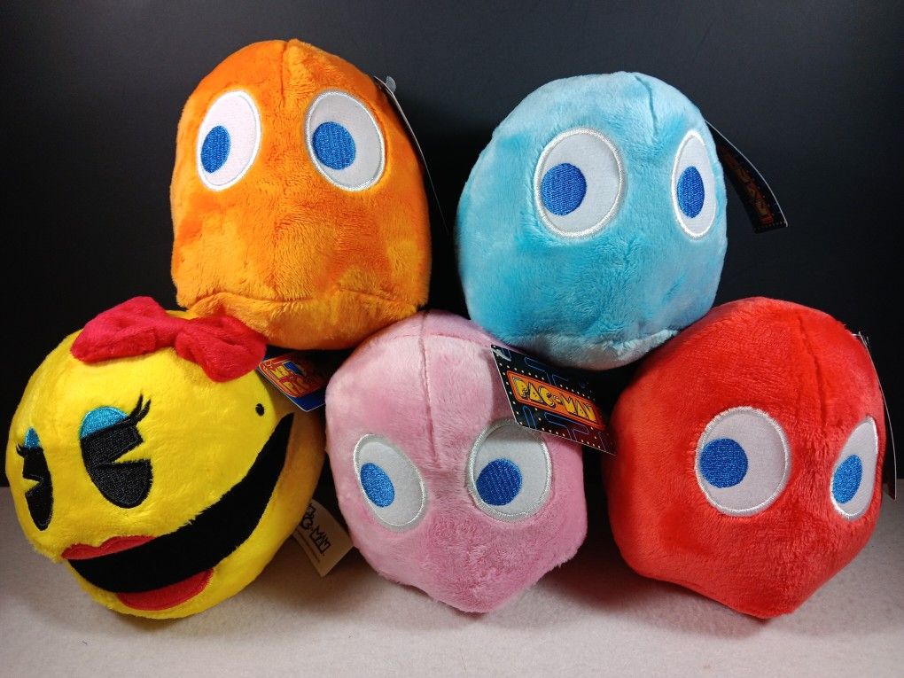 Pac-Man Plush Set of 5 Arcade 80's Game 5" Yellow Pac Man Stuffed Animal Doll