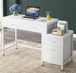 Little Tree Computer Desk with 5 Drawers, Home Office Desks with Reversible File Drawer Cabinet P