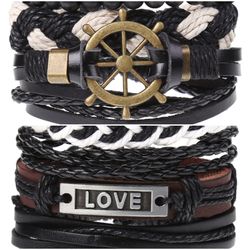 2 x Set Adjust. Size up to 9.5inc Leather Bracelet, (Ship Rudder-Love)
