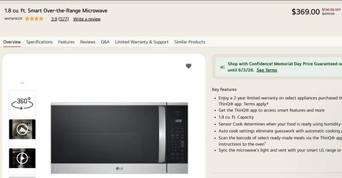 LG MVEM1825F ThinQ Smart OTR Microwave Sensor Cooking SS 1.8 Cu Ft