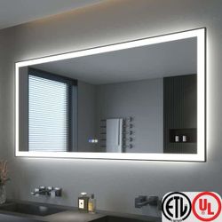 72 in. W x 36 in. H Rectangular Framed LED Anti-Fog Wall Bathroom Vanity Mirror in Black with Backlit and Front Light