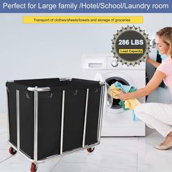 Laundry Cart Commercial Black,11.35 Bushel Large Industrial Rolling Laundry Hamper with 4 Inch Wheels,Household Heavy Duty Laundry Baskets with Stainl
