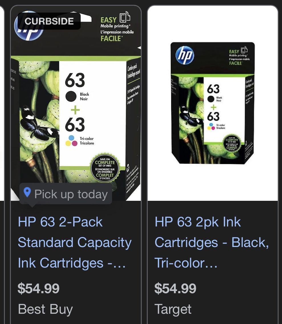 2 Packages Of HP - 63 Black And Tri-Color Ink