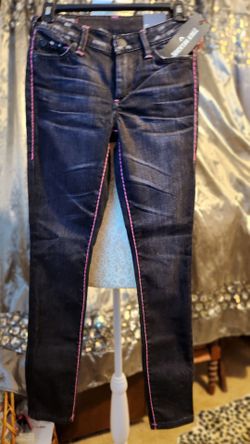NWT TRUE RELIGION SIZE 24 Dark Wash Skinny Jeans with Pink Stitching