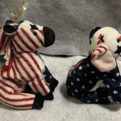New vintage 2000 Ty Beanie Babies patriotic 4th of July Lefty donkey & Righty elephant Political Party