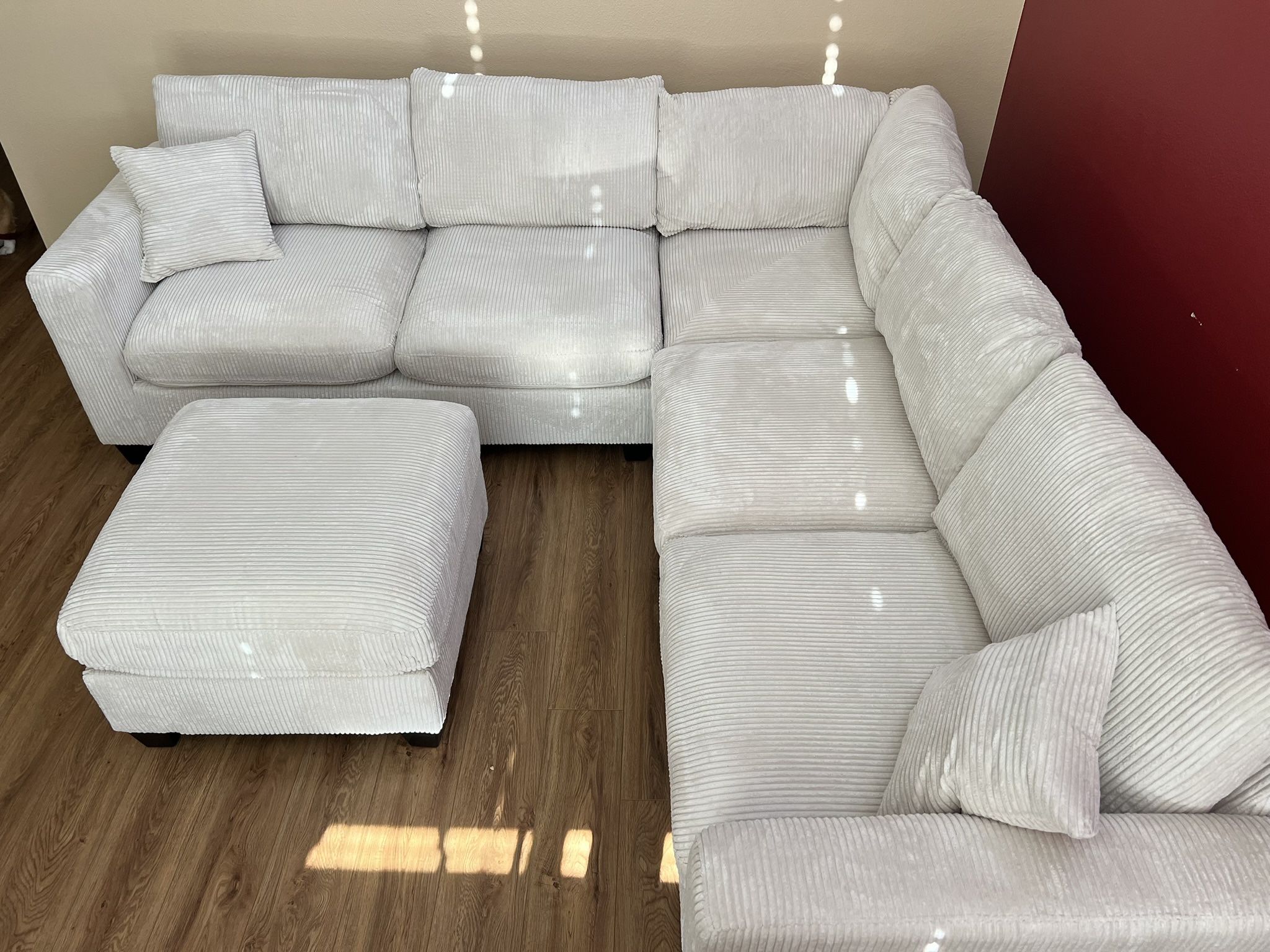 New Corduroy Fabric Sectional. Off White / Beige. 990 X 99”. Free Delivery!