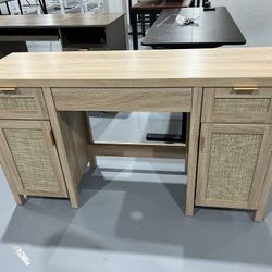 M-Rattan Vanity Home Office Desk - 52" Large Farmhouse Boho Makeup Vanity Dressing Table with 3 Drawers & 2 Storage Cabinets, Vanities Desk for Makeup