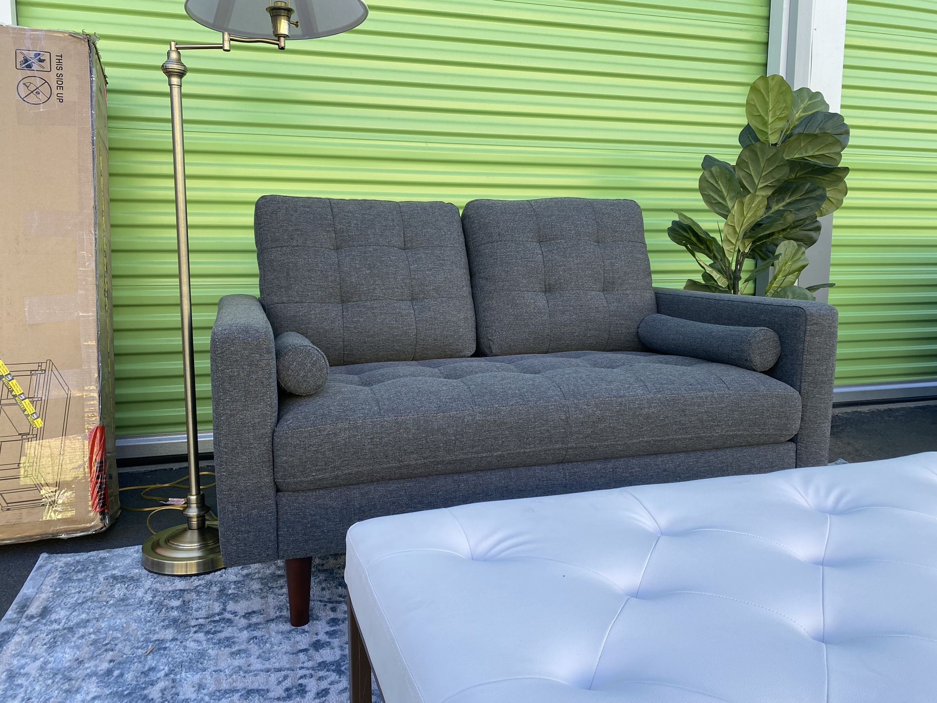 Brand New Loveseat Sofa Couch - Tufted MCM - Tuxedo Arms - Dark Grey Fabric