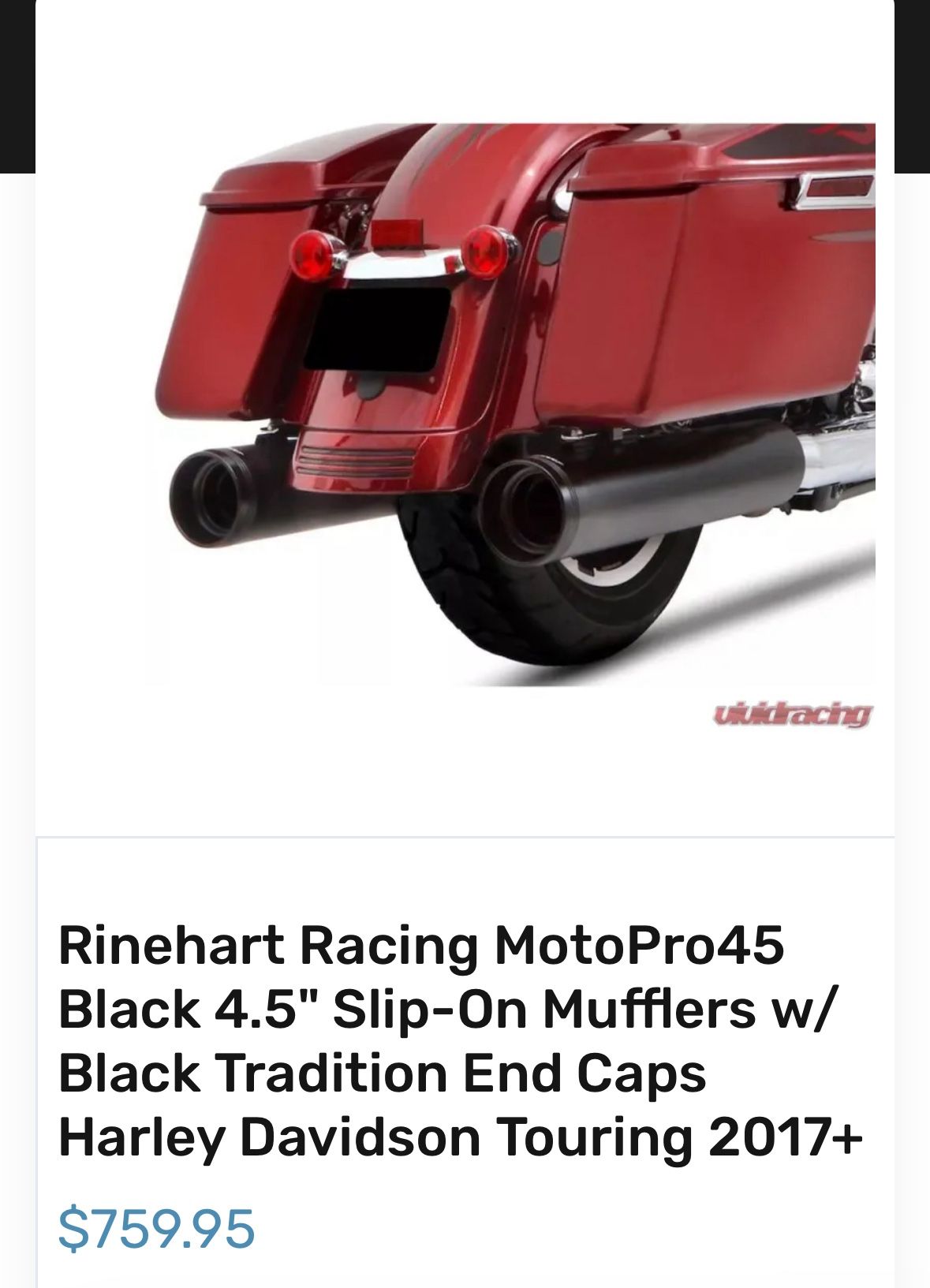 Rinehart Racing MotoPro45 Black 4.5" Slip-On Mufflers w/ Black Tradition End Caps Harley Davidson Touring 2017+