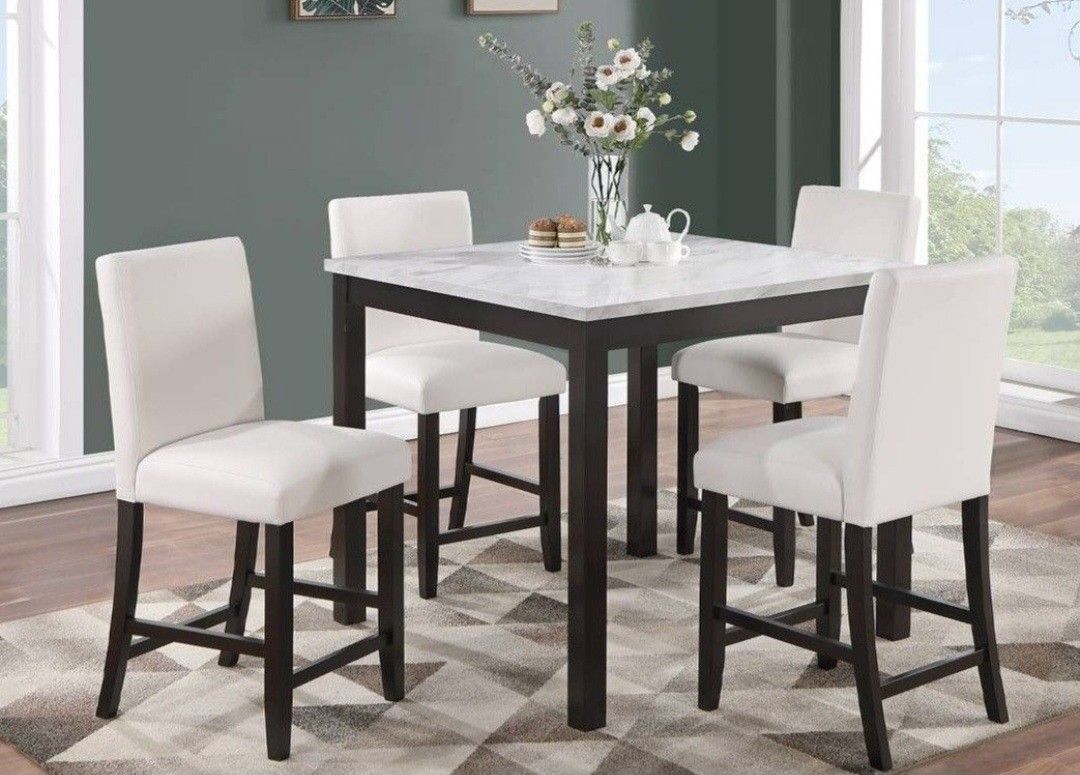 ✅️✅️5 pc dark finish wood white faux marble top square counter