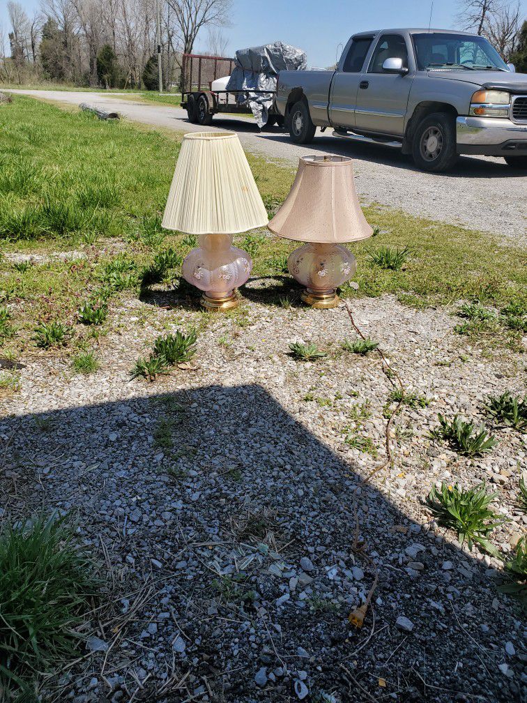 Two Pale Pink Lamps With Shades 
