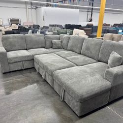 Gray Corduroy sectional pull out sofa bed sleeper sofa U shaped couch