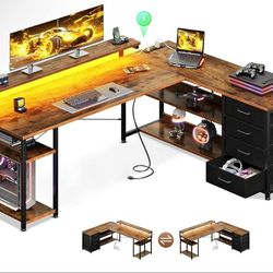 61 Inch L-Shaped Gaming Desk with Storage Drawer & LED – Grey or Brown