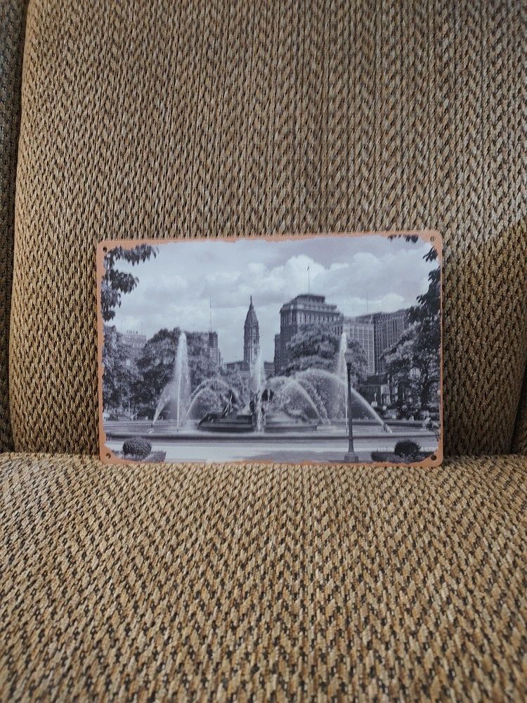 PHILADELPHIA SWANN FOUNTAIN AT LOGAN CIRCLE METAL SIGN. 12" X 8". PICKUP ONLY.