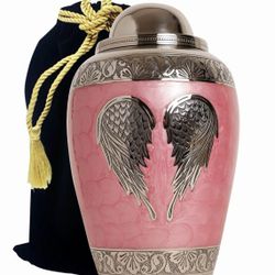 New Brass Adult Cremation Urn – Angel Wings (Pearl Pink + Silver) – Large