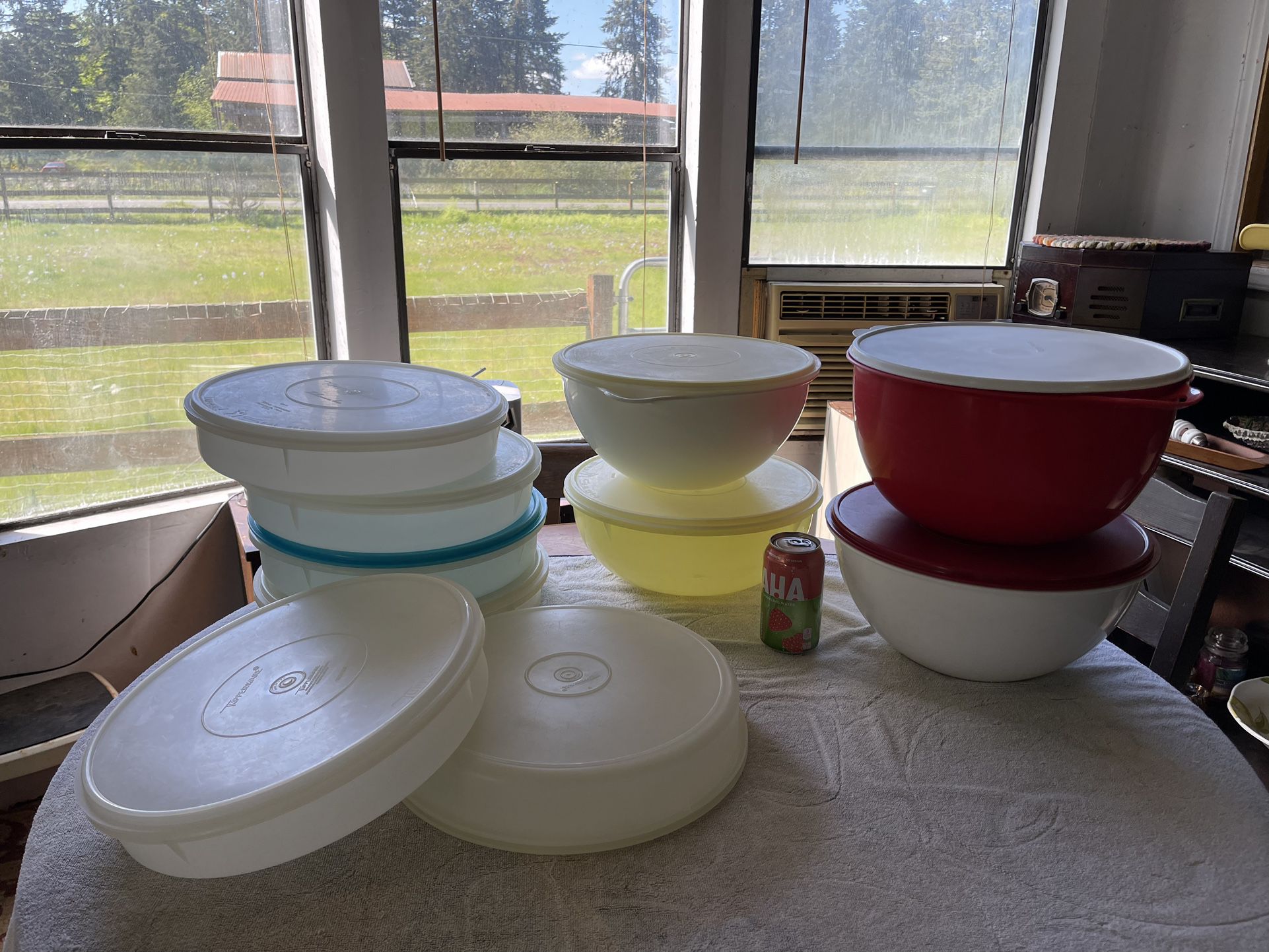 Tupperware large 12” bowls & pie/cookie takers. Pie $6. Bowls $8-13. Rochester wa
