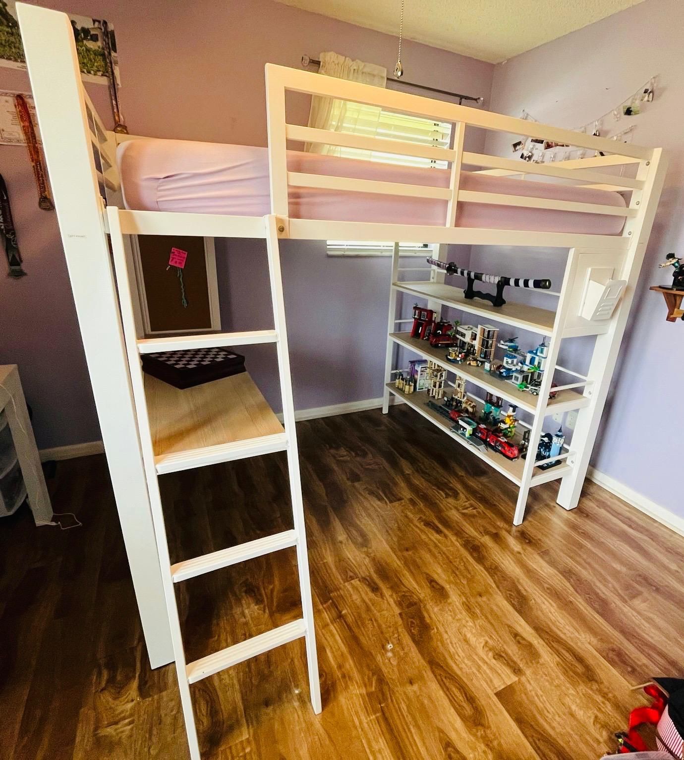 Roomstogo White Full Loft Bed With Desk And Bookcase