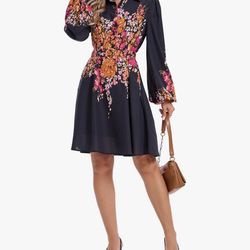 Sleeve Spring Button Down A-Line Floral Print Summer Cocktail Shirt Dresses with Belt new size L