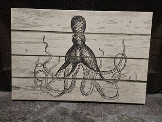 Vintage Coastal Octopus Canvas Wall Art – Rustic Wood Plank Look (24" x 16")