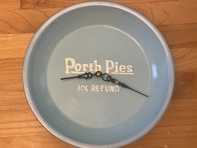 Vintage "Porth Pies" Pie Tin Clock  (Upcycled/Repurposed Embossed Metal)