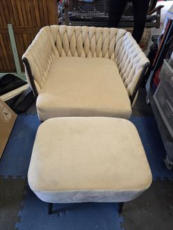Modern Dutch Velvet Accent Chair and Ottoman Set with Weaved Back and Arms-White, Modern Mid-Century Upholstered Living Room Chair