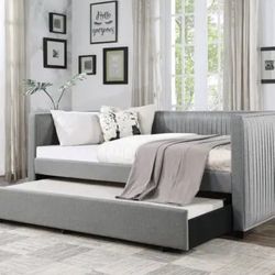 New Sturdy Solid Wood Pleated Soft Grey Upholstered Daybed with Trundle