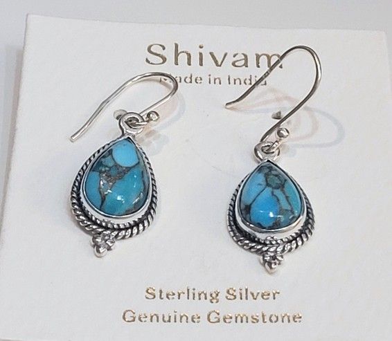 SHIPPING ONLY: New Shivam Ornate .925 Sterling Silver Blue-Copper Turquoise Dangle Earrings