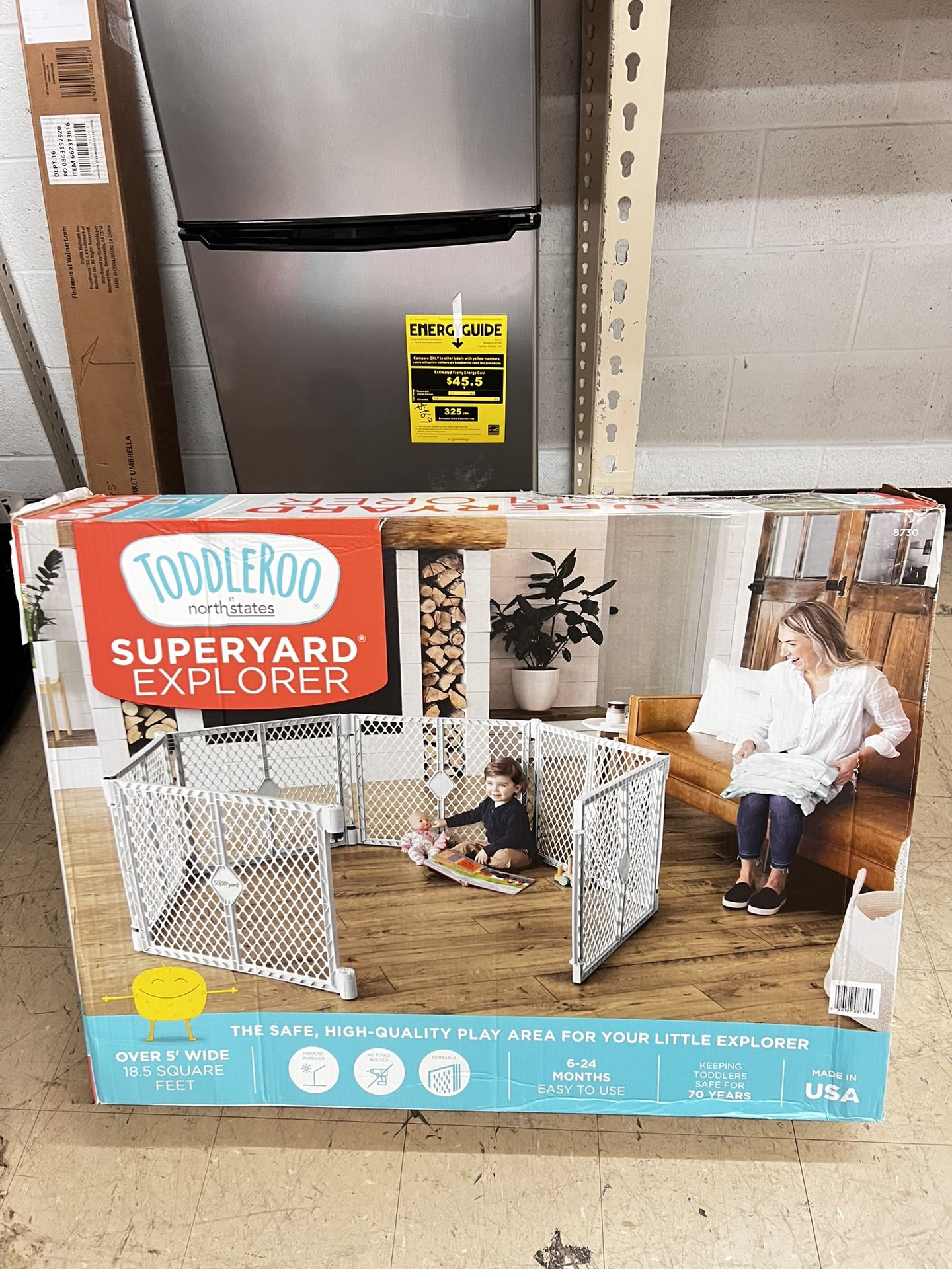 Superyard Explorer Baby Play Yard creates a safe play area, Gray Plastic, New