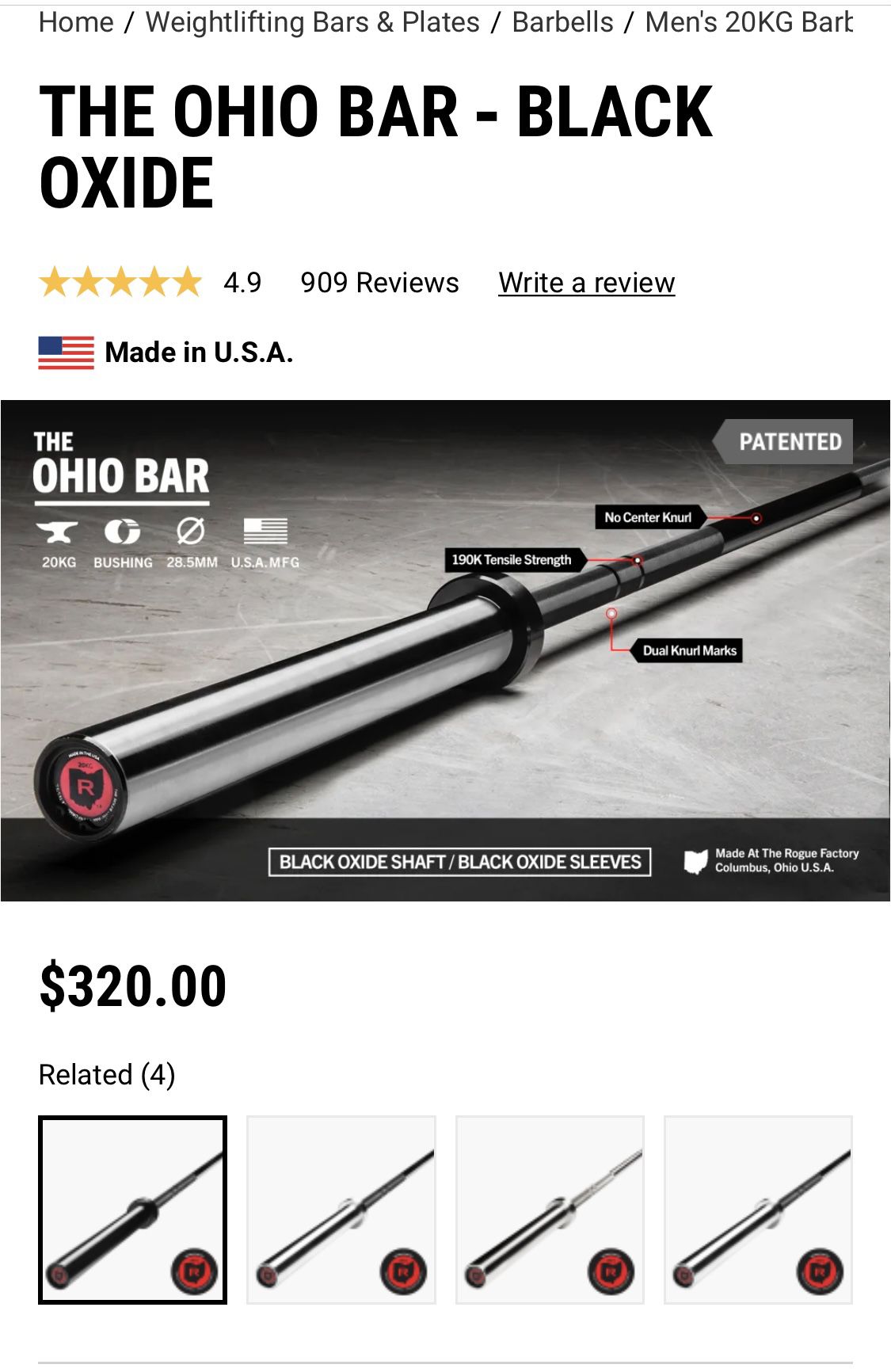 BAR ONLY Rogue Fitness Ohio Bar Black Oxide