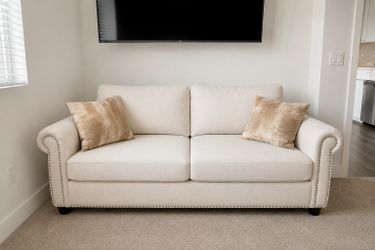 White Sleeper Sofa – Queen Pullout Bed – $600  Beautiful white upholstered sleeper sofa in excellent condition. This couch was purchased new for $1,40