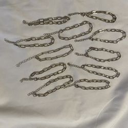 11 Silver-tone Chain Bracelets Lot Paper Clip Lobster Claw Closure 8”