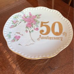 50th golden anniversary floral 8 inch white cake plate on pedestal trimmed in gold and numbered