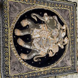 Elephant Post (Enhanced)  Beautiful vintage 1970s hand embroidered elephant textile with incredible detail, metallic thread, sequins, and decorative a