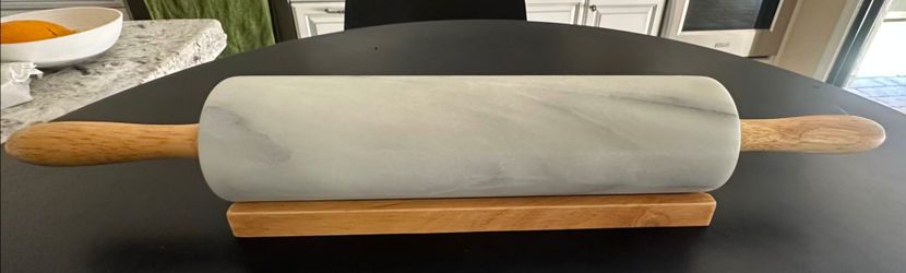 Premium 18" White Marble Rolling Pin with Wooden Cradle - Heavy Duty