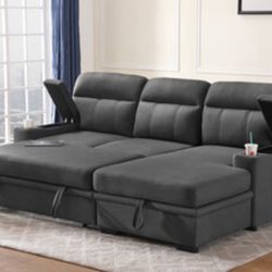 94"W Gray Fabric Sleeper Sectional Sofa Chaise with Storage Arms and Cupholder