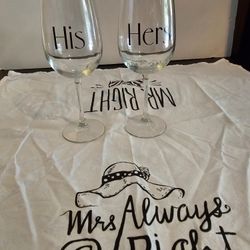 His and Her Wine Glasses w/Fabric Placemat Or Napkin