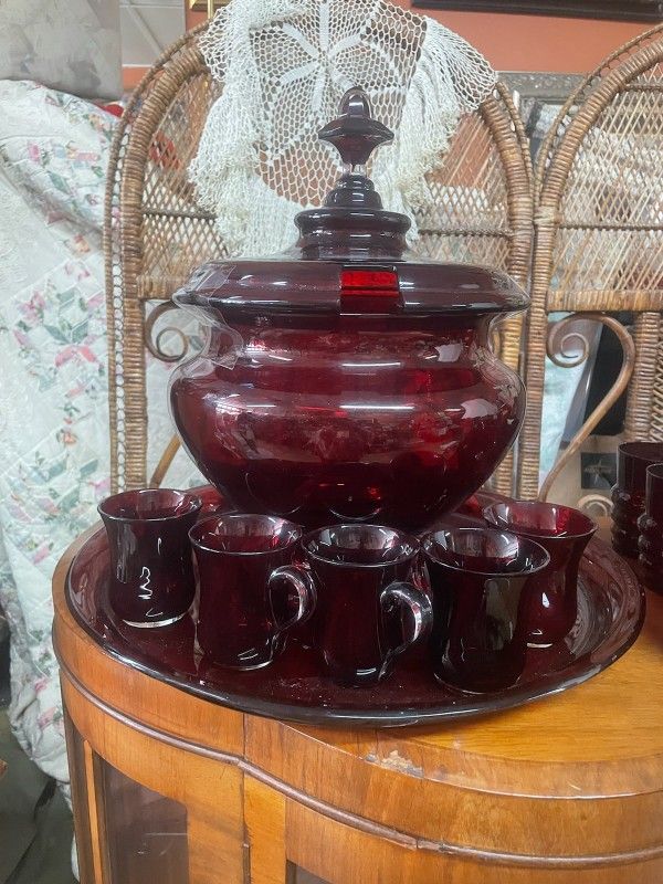 Antique Large Ruby Glass Punch Bowl And Under plate With 5 Cups 16" By 14"